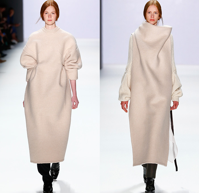 Annelie Schubert 2016 Spring Summer Womens Runway Catwalk Looks - Presented by Mercedes-Benz and Elle - Mercedes-Benz Fashion Week Berlin Germany Deutschland - Tiered Wool Deconstructed Roll Neck Furry Chunky Knit Ribbed Pants Trousers Sheer Chiffon Tulle Hanging Sleeve Dress Skirt Frock One Piece Sweaterdress
