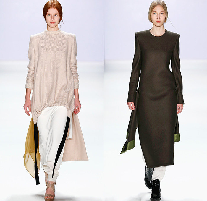 Annelie Schubert 2016 Spring Summer Womens Runway Catwalk Looks - Presented by Mercedes-Benz and Elle - Mercedes-Benz Fashion Week Berlin Germany Deutschland - Tiered Wool Deconstructed Roll Neck Furry Chunky Knit Ribbed Pants Trousers Sheer Chiffon Tulle Hanging Sleeve Dress Skirt Frock One Piece Sweaterdress