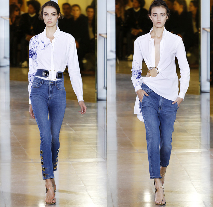 Anthony Vaccarello 2016 Spring Summer Womens Runway Catwalk Looks - Mode à Paris Fashion Week Mode Féminin France - Denim Jeans Rock n Roll High Slit Tattoo Art Metallic Studs Face Adornments Buttons Wide Belt Blouse O-ring Cutout Grommets Pantsuit Blazer Jacket Coatdress Pinstripe Leather Asymmetrical Hem Accordion Pleats Drapery Wrap Dress One Shoulder Sleeveless Tankdress Sheer Chiffon Silk Satin Halter Top Noodle Strap