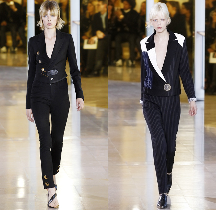 Anthony Vaccarello 2016 Spring Summer Womens Runway Catwalk Looks - Mode à Paris Fashion Week Mode Féminin France - Denim Jeans Rock n Roll High Slit Tattoo Art Metallic Studs Face Adornments Buttons Wide Belt Blouse O-ring Cutout Grommets Pantsuit Blazer Jacket Coatdress Pinstripe Leather Asymmetrical Hem Accordion Pleats Drapery Wrap Dress One Shoulder Sleeveless Tankdress Sheer Chiffon Silk Satin Halter Top Noodle Strap