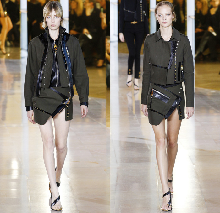 Anthony Vaccarello 2016 Spring Summer Womens Runway Catwalk Looks - Mode à Paris Fashion Week Mode Féminin France - Denim Jeans Rock n Roll High Slit Tattoo Art Metallic Studs Face Adornments Buttons Wide Belt Blouse O-ring Cutout Grommets Pantsuit Blazer Jacket Coatdress Pinstripe Leather Asymmetrical Hem Accordion Pleats Drapery Wrap Dress One Shoulder Sleeveless Tankdress Sheer Chiffon Silk Satin Halter Top Noodle Strap