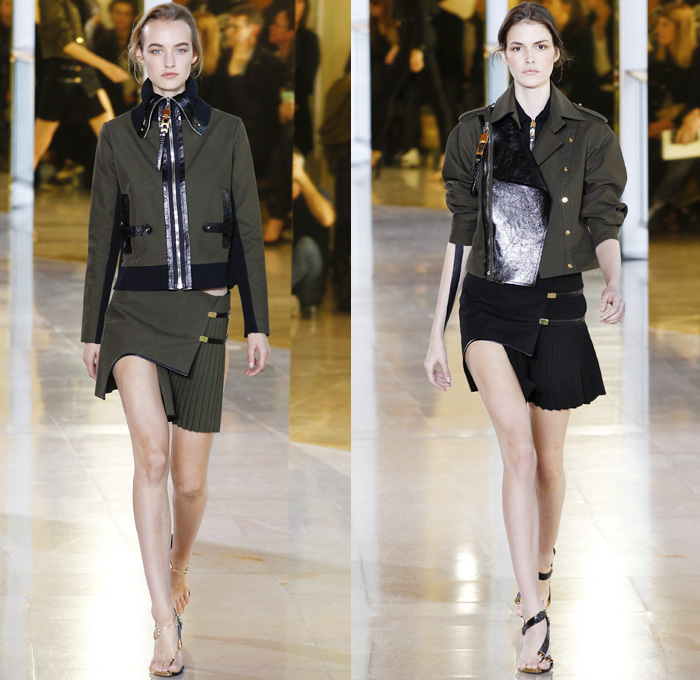 Anthony Vaccarello 2016 Spring Summer Womens Runway Catwalk Looks - Mode à Paris Fashion Week Mode Féminin France - Denim Jeans Rock n Roll High Slit Tattoo Art Metallic Studs Face Adornments Buttons Wide Belt Blouse O-ring Cutout Grommets Pantsuit Blazer Jacket Coatdress Pinstripe Leather Asymmetrical Hem Accordion Pleats Drapery Wrap Dress One Shoulder Sleeveless Tankdress Sheer Chiffon Silk Satin Halter Top Noodle Strap