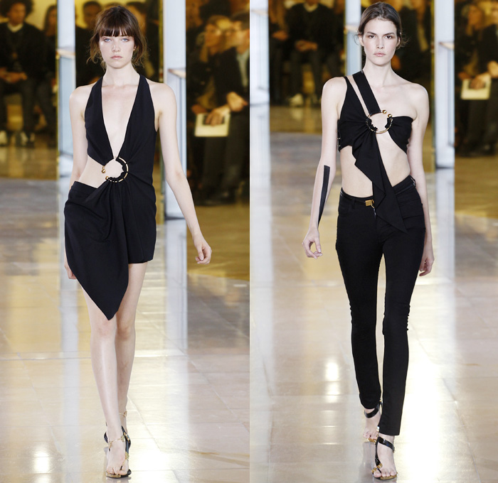 Anthony Vaccarello 2016 Spring Summer Womens Runway Catwalk Looks - Mode à Paris Fashion Week Mode Féminin France - Denim Jeans Rock n Roll High Slit Tattoo Art Metallic Studs Face Adornments Buttons Wide Belt Blouse O-ring Cutout Grommets Pantsuit Blazer Jacket Coatdress Pinstripe Leather Asymmetrical Hem Accordion Pleats Drapery Wrap Dress One Shoulder Sleeveless Tankdress Sheer Chiffon Silk Satin Halter Top Noodle Strap