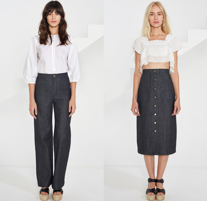 Apiece Apart 2016 Spring Summer Womens Lookbook Presentation - New York Fashion Week - Denim Jeans Blouse Tassels Ruffles Knit Fringes Crop Top Midriff Midi Skirt Frock Open Shoulder Stripes Mesh Perforated Jagged Angular Hem Strapless Drawstring Shirtdress Kaftan Tunic Zigzag Dress Wide Leg Trousers Palazzo Pants Culottes Gauchos Shorts Sash Waist Halter Top 