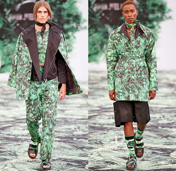 Asger Juel Larsen 2016 Spring Summer Mens Runway Catwalk Looks - Copenhagen Fashion Week Denmark CPHFW - Hot Jungle Denim Jeans Moto Motorcycle Biker Leather Outerwear Coat Blazer Jacket Shorts Metallic Copper Socks With Sandals Scarf Crop Top Midriff Plastic Cargo Pockets Vest Waistcoat Fauna Leaves Foliage Botanical Print Graphic Pattern Motif Alligator Crocodile Reptile Bag 