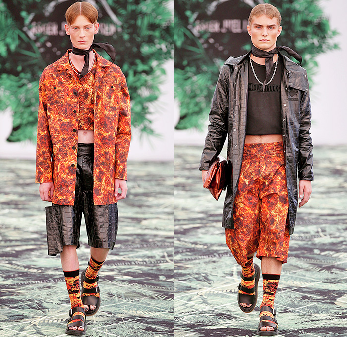 Asger Juel Larsen 2016 Spring Summer Mens Runway Catwalk Looks - Copenhagen Fashion Week Denmark CPHFW - Hot Jungle Denim Jeans Moto Motorcycle Biker Leather Outerwear Coat Blazer Jacket Shorts Metallic Copper Socks With Sandals Scarf Crop Top Midriff Plastic Cargo Pockets Vest Waistcoat Fauna Leaves Foliage Botanical Print Graphic Pattern Motif Alligator Crocodile Reptile Bag 