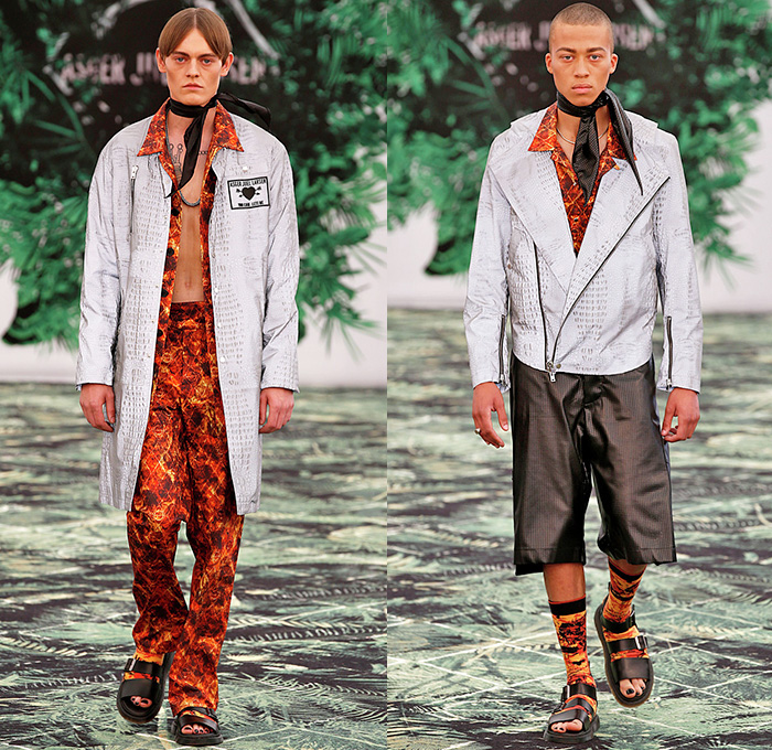 Asger Juel Larsen 2016 Spring Summer Mens Runway Catwalk Looks - Copenhagen Fashion Week Denmark CPHFW - Hot Jungle Denim Jeans Moto Motorcycle Biker Leather Outerwear Coat Blazer Jacket Shorts Metallic Copper Socks With Sandals Scarf Crop Top Midriff Plastic Cargo Pockets Vest Waistcoat Fauna Leaves Foliage Botanical Print Graphic Pattern Motif Alligator Crocodile Reptile Bag 