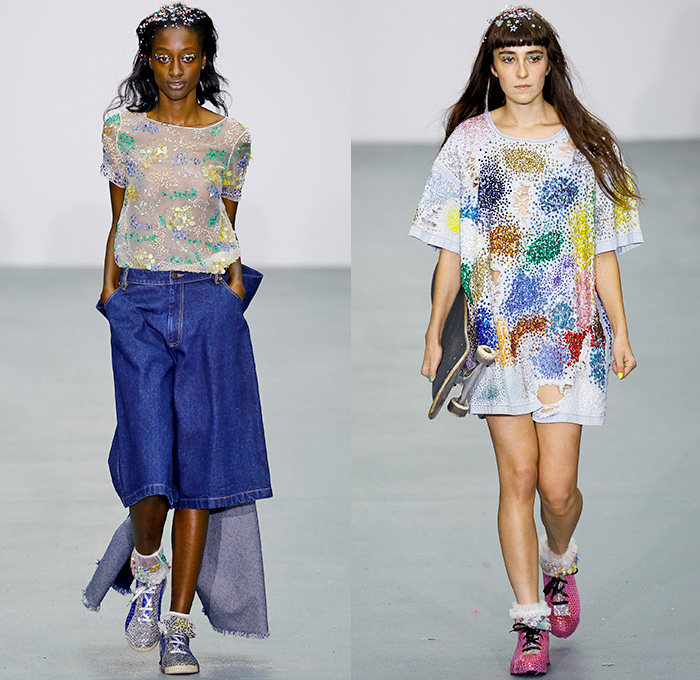 Ashish Gupta 2016 Spring Summer Womens Runway Catwalk Looks - London Fashion Week - London Collections British Fashion Council UK United Kingdom - Denim Jeans Cape Sheer Chiffon Tulle Perforated Hearts Flowers Floral One Shoulder Onesie Jumpsuit Bucket Hat Blouse Wrap Tie Up Knot Wide Leg Trousers Palazzo Pants Culottes Shirtdress Frayed Raw Hem Coat Jacket Skateboard Street Ruffles Noodle Strap Dress