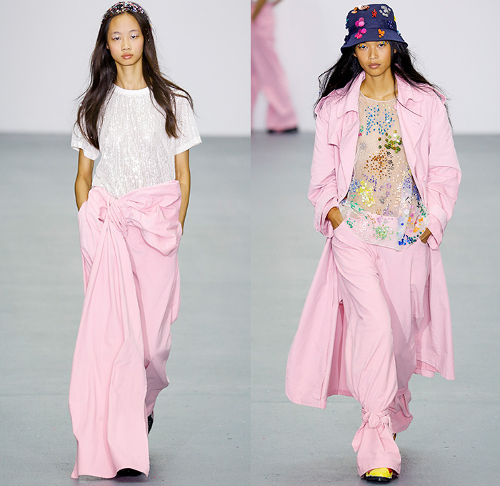 Ashish Gupta 2016 Spring Summer Womens Runway Catwalk Looks - London Fashion Week - London Collections British Fashion Council UK United Kingdom - Denim Jeans Cape Sheer Chiffon Tulle Perforated Hearts Flowers Floral One Shoulder Onesie Jumpsuit Bucket Hat Blouse Wrap Tie Up Knot Wide Leg Trousers Palazzo Pants Culottes Shirtdress Frayed Raw Hem Coat Jacket Skateboard Street Ruffles Noodle Strap Dress