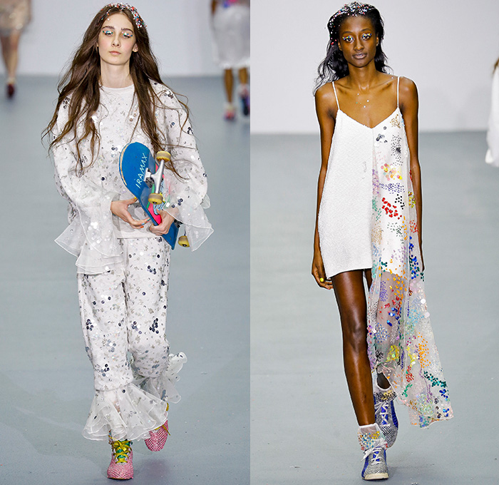 Ashish Gupta 2016 Spring Summer Womens Runway Catwalk Looks - London Fashion Week - London Collections British Fashion Council UK United Kingdom - Denim Jeans Cape Sheer Chiffon Tulle Perforated Hearts Flowers Floral One Shoulder Onesie Jumpsuit Bucket Hat Blouse Wrap Tie Up Knot Wide Leg Trousers Palazzo Pants Culottes Shirtdress Frayed Raw Hem Coat Jacket Skateboard Street Ruffles Noodle Strap Dress