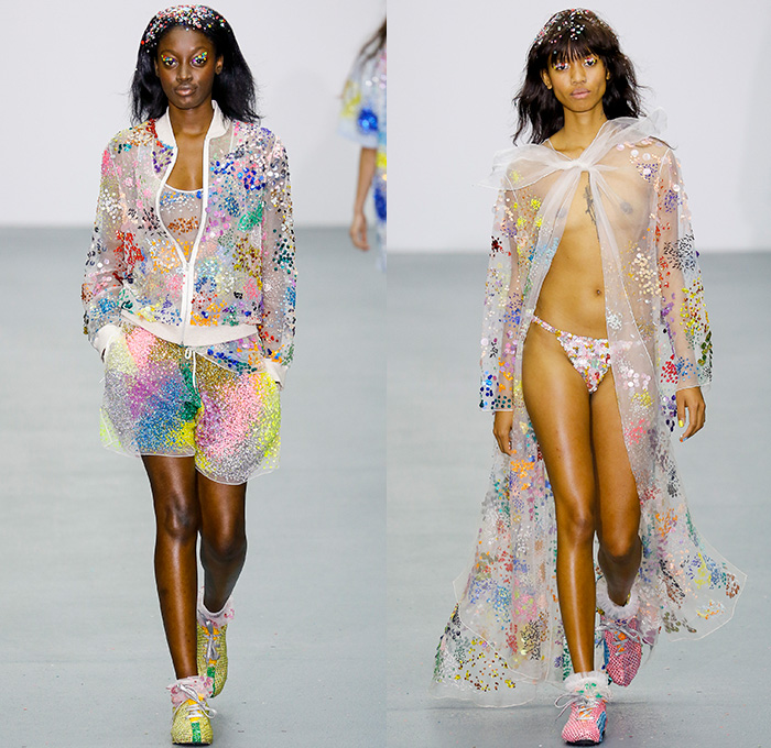 Ashish Gupta 2016 Spring Summer Womens Runway Catwalk Looks - London Fashion Week - London Collections British Fashion Council UK United Kingdom - Denim Jeans Cape Sheer Chiffon Tulle Perforated Hearts Flowers Floral One Shoulder Onesie Jumpsuit Bucket Hat Blouse Wrap Tie Up Knot Wide Leg Trousers Palazzo Pants Culottes Shirtdress Frayed Raw Hem Coat Jacket Skateboard Street Ruffles Noodle Strap Dress