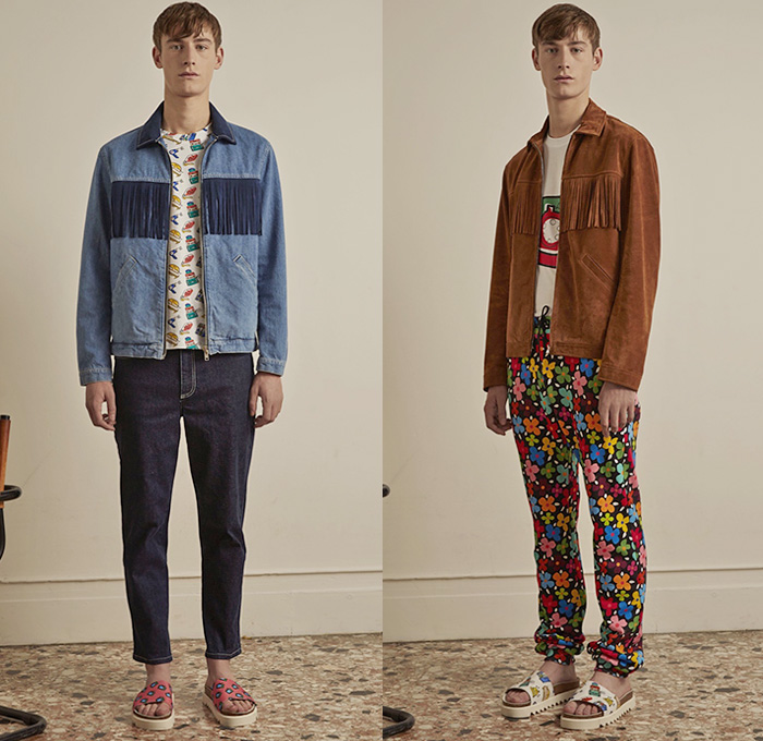 au jour le jour 2016 Spring Summer Mens Lookbook Presentation - Mode à Paris Fashion Week Mode Masculine France - Double-Breasted Suit Outerwear Blazer Tuxedo Jacket Suede Khakis Coat Sneakers Shirt Western Pop Art Flowers Floral Print Pattern Motif Pants Trousers Sandals Shorts Sweater Fringes Jogger Sweatpants Sleepwear Pajamas Loungewear Waves Polka Dots Telephone Phone TV Television Hair Dryer Iron Keys