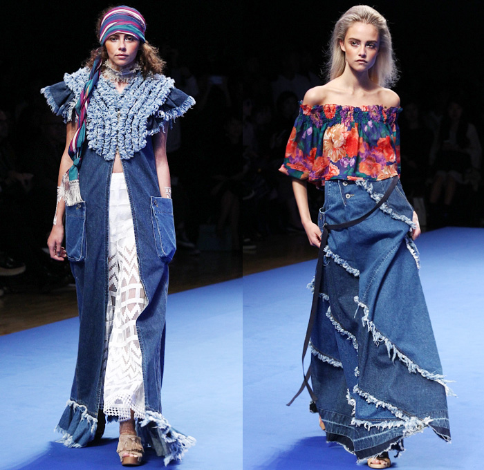 AULA by Yukimi Kawashima 2016 Spring Summer Womens Runway Catwalk Looks - Mercedes-Benz Fashion Week Tokyo Japan - Denim Jeans Fringes Frayed Raw Hem Sheer Chiffon Lace Vestdress Waistcoat Turban Headwear Skirt Frock Tiered Strapless Flowers Floral Motorcycle Biker Ruffles Wide Leg Trousers Palazzo Pants Blouse Accordion Pleats Embroidery Gladiator Sandals Dress Jacket Stripes Knit Caftan Geometric One Shoulder