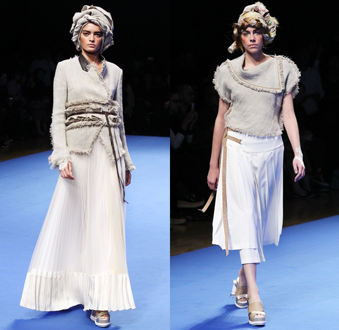 AULA by Yukimi Kawashima 2016 Spring Summer Womens Runway Catwalk Looks - Mercedes-Benz Fashion Week Tokyo Japan - Denim Jeans Fringes Frayed Raw Hem Sheer Chiffon Lace Vestdress Waistcoat Turban Headwear Skirt Frock Tiered Strapless Flowers Floral Motorcycle Biker Ruffles Wide Leg Trousers Palazzo Pants Blouse Accordion Pleats Embroidery Gladiator Sandals Dress Jacket Stripes Knit Caftan Geometric One Shoulder