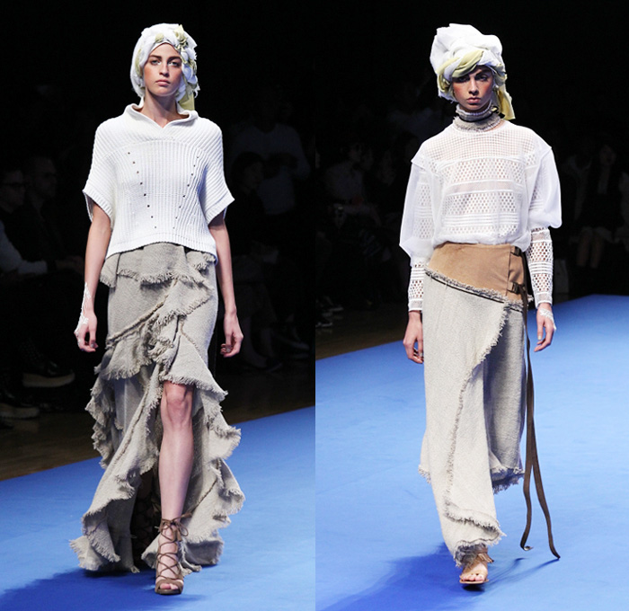 AULA by Yukimi Kawashima 2016 Spring Summer Womens Runway Catwalk Looks - Mercedes-Benz Fashion Week Tokyo Japan - Denim Jeans Fringes Frayed Raw Hem Sheer Chiffon Lace Vestdress Waistcoat Turban Headwear Skirt Frock Tiered Strapless Flowers Floral Motorcycle Biker Ruffles Wide Leg Trousers Palazzo Pants Blouse Accordion Pleats Embroidery Gladiator Sandals Dress Jacket Stripes Knit Caftan Geometric One Shoulder