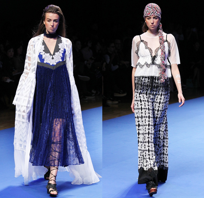 AULA by Yukimi Kawashima 2016 Spring Summer Womens Runway Catwalk Looks - Mercedes-Benz Fashion Week Tokyo Japan - Denim Jeans Fringes Frayed Raw Hem Sheer Chiffon Lace Vestdress Waistcoat Turban Headwear Skirt Frock Tiered Strapless Flowers Floral Motorcycle Biker Ruffles Wide Leg Trousers Palazzo Pants Blouse Accordion Pleats Embroidery Gladiator Sandals Dress Jacket Stripes Knit Caftan Geometric One Shoulder