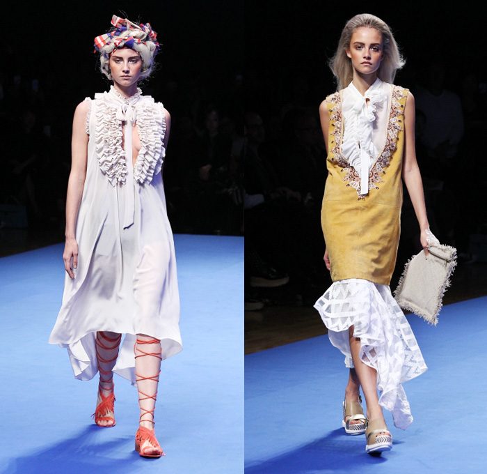 AULA by Yukimi Kawashima 2016 Spring Summer Womens Runway Catwalk Looks - Mercedes-Benz Fashion Week Tokyo Japan - Denim Jeans Fringes Frayed Raw Hem Sheer Chiffon Lace Vestdress Waistcoat Turban Headwear Skirt Frock Tiered Strapless Flowers Floral Motorcycle Biker Ruffles Wide Leg Trousers Palazzo Pants Blouse Accordion Pleats Embroidery Gladiator Sandals Dress Jacket Stripes Knit Caftan Geometric One Shoulder