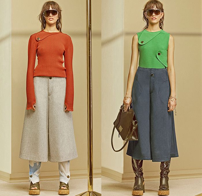 BACK by Ann-Sofie Back 2016 Spring Summer Womens Lookbook Presentation - Fashion Week Stockholm Sweden - Back To The Beach Outerwear Coat Coatdress Wide Leg Trousers Palazzo Pants Culottes Gauchos Knit Sweater Jumper Flap Button Sleeveless Pants Trousers Jacket Wrap Wide Lapel Cutout Curved Concave Hem Asymmetrical Sunglasses Shades Strap Dress Scarf Neckwear Leg Warmers Hat Lace Cords Corduroy Belt