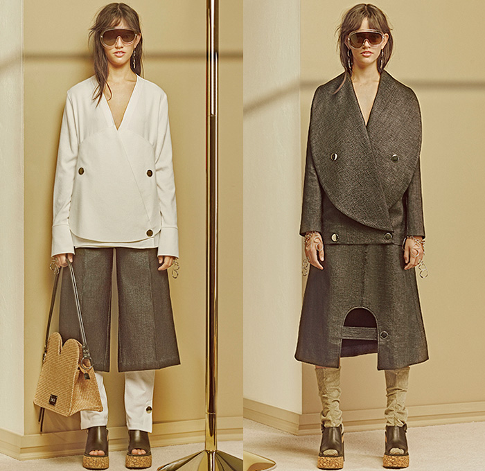 BACK by Ann-Sofie Back 2016 Spring Summer Womens Lookbook Presentation - Fashion Week Stockholm Sweden - Back To The Beach Outerwear Coat Coatdress Wide Leg Trousers Palazzo Pants Culottes Gauchos Knit Sweater Jumper Flap Button Sleeveless Pants Trousers Jacket Wrap Wide Lapel Cutout Curved Concave Hem Asymmetrical Sunglasses Shades Strap Dress Scarf Neckwear Leg Warmers Hat Lace Cords Corduroy Belt