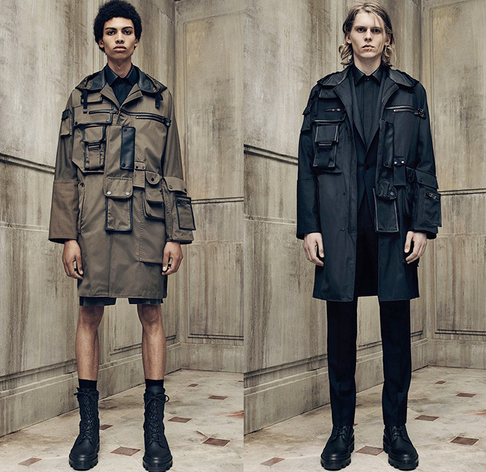 Balenciaga 2016 Spring Summer Mens Lookbook Presentation - Paris Fashion Week Mode Masculine France - Outerwear Trench Coat Anorak Parka Cargo Utility Pockets Shorts Boots Military Monochromatic Pants Trousers Fanny Pack Waist Pouch Belt Bag Multi-Panel Panels Buttons Zipper Knit Tank Top Necklace Bomber Jacket Blazer Peacoat Reptile Snake Snakeskin Duffel Backpack Bag