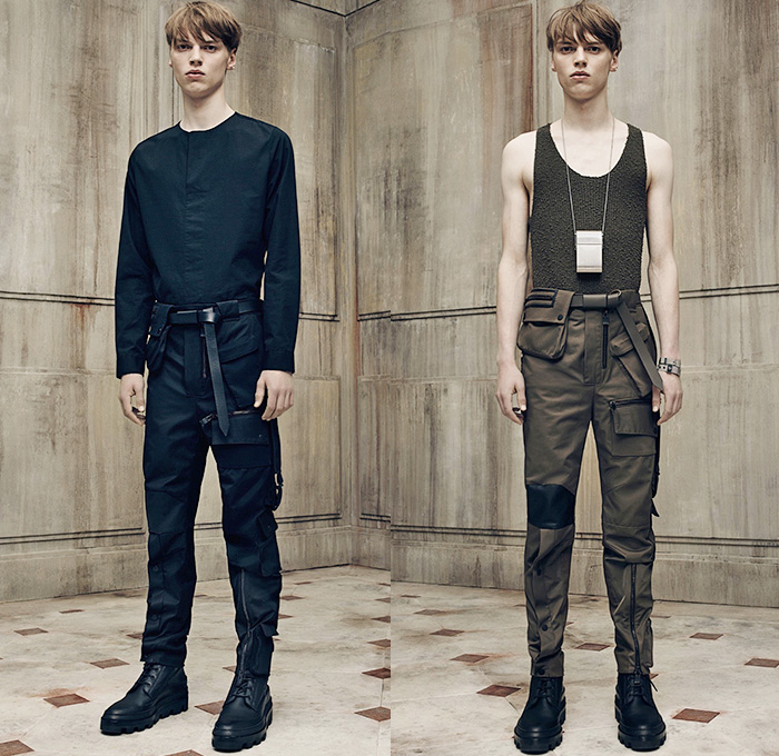 Balenciaga 2016 Spring Summer Mens Lookbook Presentation - Paris Fashion Week Mode Masculine France - Outerwear Trench Coat Anorak Parka Cargo Utility Pockets Shorts Boots Military Monochromatic Pants Trousers Fanny Pack Waist Pouch Belt Bag Multi-Panel Panels Buttons Zipper Knit Tank Top Necklace Bomber Jacket Blazer Peacoat Reptile Snake Snakeskin Duffel Backpack Bag