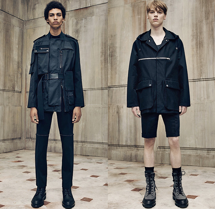 Balenciaga 2016 Spring Summer Mens Lookbook Presentation - Paris Fashion Week Mode Masculine France - Outerwear Trench Coat Anorak Parka Cargo Utility Pockets Shorts Boots Military Monochromatic Pants Trousers Fanny Pack Waist Pouch Belt Bag Multi-Panel Panels Buttons Zipper Knit Tank Top Necklace Bomber Jacket Blazer Peacoat Reptile Snake Snakeskin Duffel Backpack Bag