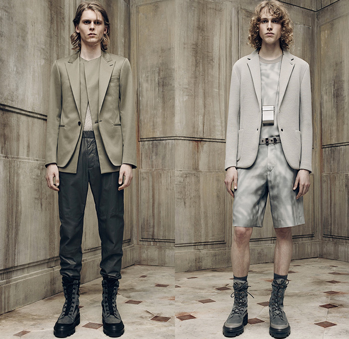 Balenciaga 2016 Spring Summer Mens Lookbook Presentation - Paris Fashion Week Mode Masculine France - Outerwear Trench Coat Anorak Parka Cargo Utility Pockets Shorts Boots Military Monochromatic Pants Trousers Fanny Pack Waist Pouch Belt Bag Multi-Panel Panels Buttons Zipper Knit Tank Top Necklace Bomber Jacket Blazer Peacoat Reptile Snake Snakeskin Duffel Backpack Bag