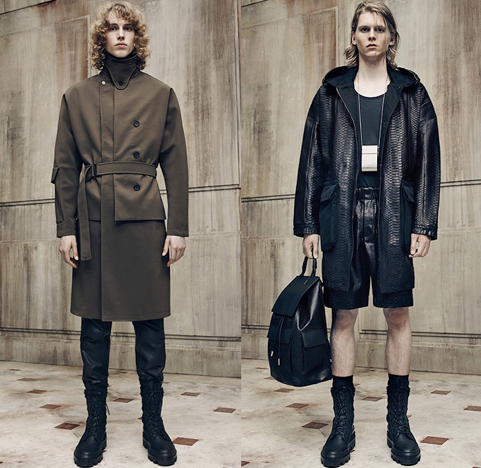 Balenciaga 2016 Spring Summer Mens Lookbook Presentation - Paris Fashion Week Mode Masculine France - Outerwear Trench Coat Anorak Parka Cargo Utility Pockets Shorts Boots Military Monochromatic Pants Trousers Fanny Pack Waist Pouch Belt Bag Multi-Panel Panels Buttons Zipper Knit Tank Top Necklace Bomber Jacket Blazer Peacoat Reptile Snake Snakeskin Duffel Backpack Bag