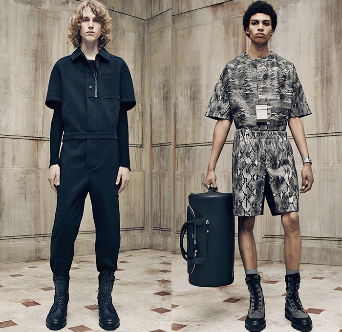 Balenciaga 2016 Spring Summer Mens Lookbook Presentation - Paris Fashion Week Mode Masculine France - Outerwear Trench Coat Anorak Parka Cargo Utility Pockets Shorts Boots Military Monochromatic Pants Trousers Fanny Pack Waist Pouch Belt Bag Multi-Panel Panels Buttons Zipper Knit Tank Top Necklace Bomber Jacket Blazer Peacoat Reptile Snake Snakeskin Duffel Backpack Bag