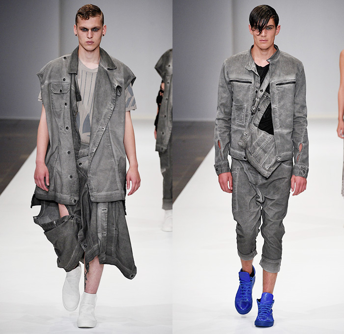 BARBARA I GONGINI 2016 Spring Summer Mens Runway Catwalk Looks - Copenhagen Fashion Week Denmark CPHFW - Dark Post-Apocalyptic Asymmetrical Hem Black Stripes Outerwear Jacket Straps Leather Crinkles Deconstructed Organic Shape Vest Waistcoat Sneakers Hi-Tops Necklace Roll Up Fold Up Knit Mesh Fishnet 