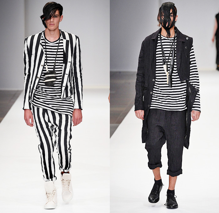 BARBARA I GONGINI 2016 Spring Summer Mens Runway Catwalk Looks - Copenhagen Fashion Week Denmark CPHFW - Dark Post-Apocalyptic Asymmetrical Hem Black Stripes Outerwear Jacket Straps Leather Crinkles Deconstructed Organic Shape Vest Waistcoat Sneakers Hi-Tops Necklace Roll Up Fold Up Knit Mesh Fishnet 