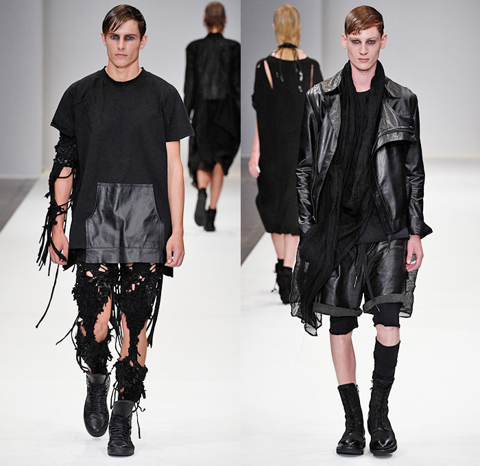 BARBARA I GONGINI 2016 Spring Summer Mens Runway Catwalk Looks - Copenhagen Fashion Week Denmark CPHFW - Dark Post-Apocalyptic Asymmetrical Hem Black Stripes Outerwear Jacket Straps Leather Crinkles Deconstructed Organic Shape Vest Waistcoat Sneakers Hi-Tops Necklace Roll Up Fold Up Knit Mesh Fishnet 