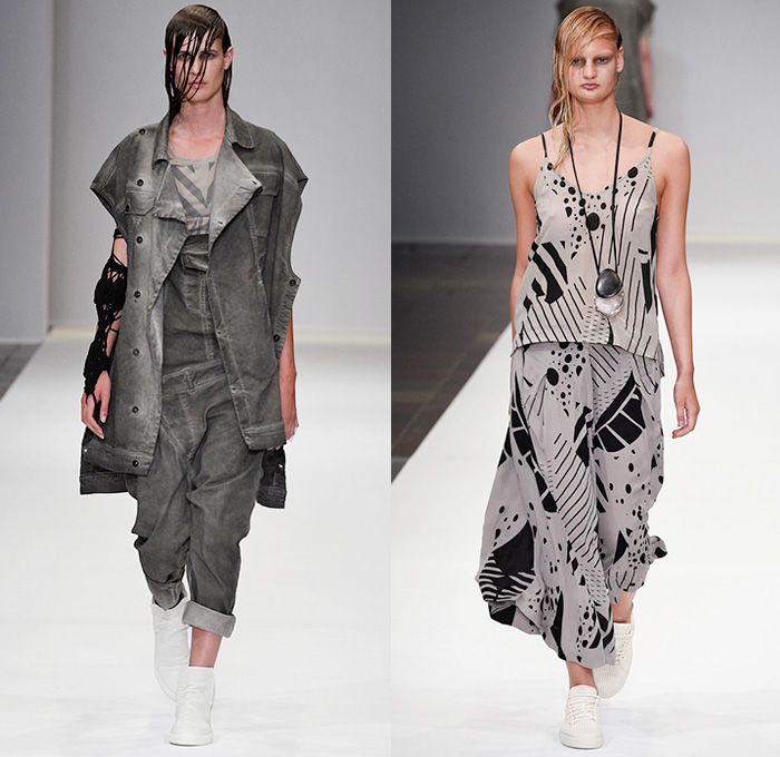 BARBARA I GONGINI 2016 Spring Summer Womens Runway Catwalk Looks - Copenhagen Fashion Week Denmark CPHFW - Dark Apocalyptic Asymmetrical Hem Roll Fold Up Vest Waistcoat Noodle Spaghetti Strap Geometric Black Sleeveless Sneakers Stripes Outerwear Jacket Straps Leather Crinkles Deconstructed Organic Shape Necklace