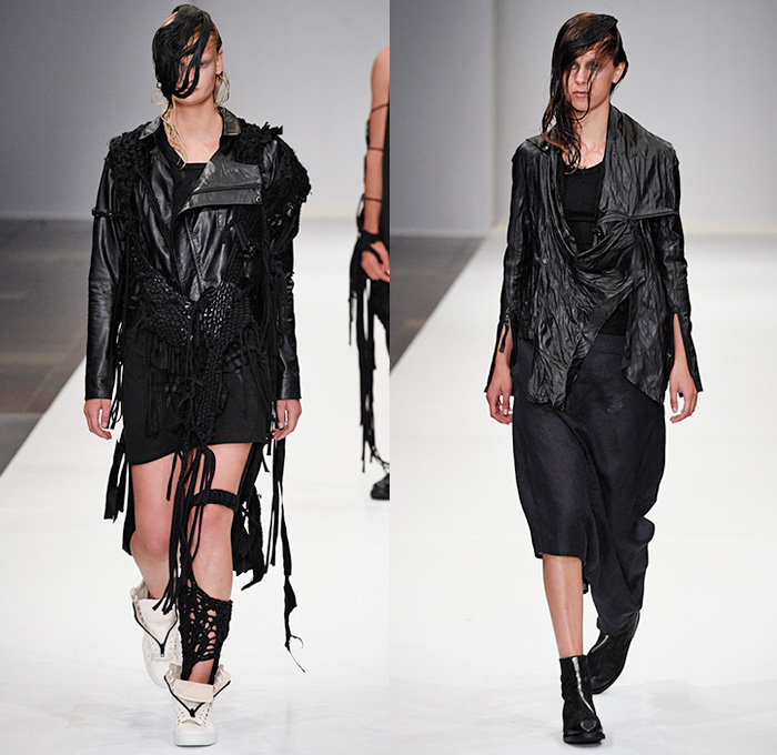 BARBARA I GONGINI 2016 Spring Summer Womens Runway Catwalk Looks - Copenhagen Fashion Week Denmark CPHFW - Dark Apocalyptic Asymmetrical Hem Roll Fold Up Vest Waistcoat Noodle Spaghetti Strap Geometric Black Sleeveless Sneakers Stripes Outerwear Jacket Straps Leather Crinkles Deconstructed Organic Shape Necklace