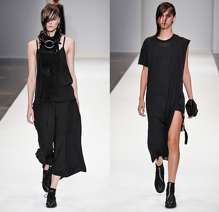 BARBARA I GONGINI 2016 Spring Summer Womens Runway Catwalk Looks - Copenhagen Fashion Week Denmark CPHFW - Dark Apocalyptic Asymmetrical Hem Roll Fold Up Vest Waistcoat Noodle Spaghetti Strap Geometric Black Sleeveless Sneakers Stripes Outerwear Jacket Straps Leather Crinkles Deconstructed Organic Shape Necklace