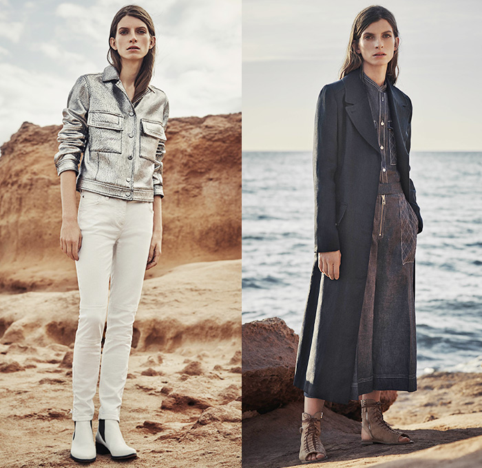 Belstaff England 2016 Spring Summer Womens Lookbook Presentation - London Fashion Week - London Collections Women British Fashion Council UK United Kingdom - Denim Jeans Motorcycle Biker Leather Cargo Pockets Shirt Blouse Outerwear Jacket Trench Coat Wide Leg Trousers Palazzo Pants Culottes Quilted Sheer Chiffon Mesh Knit Sweater Jumper Stripes Windbreaker Sleeveless Hoodie Straps Parka