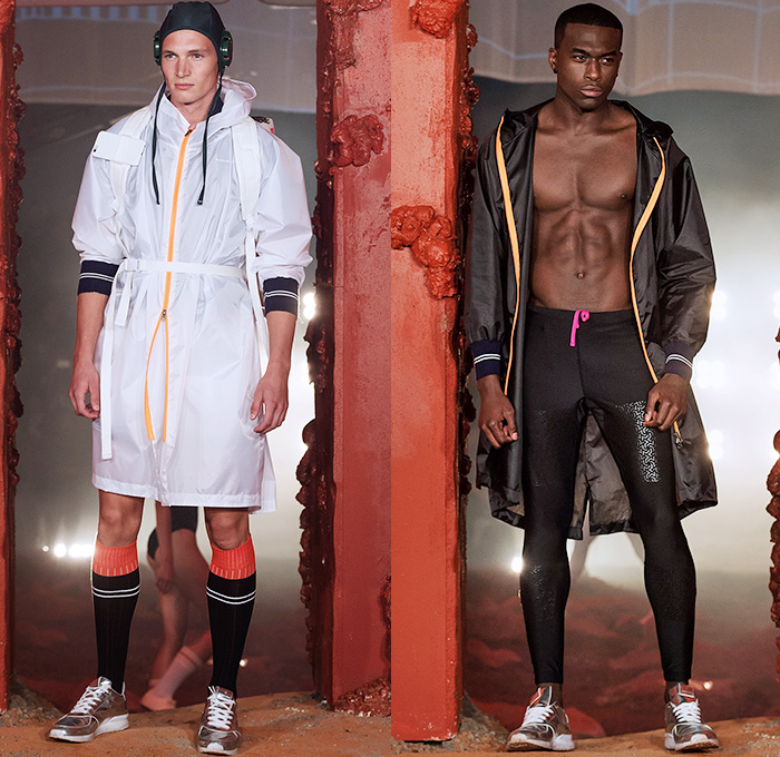 Björn Borg 2016 Spring Summer Mens Runway Catwalk Looks - Fashion Week Stockholm Sweden - Training For Mars Space Travel Retro Outerwear Parka Anorak Jacket Windbreaker Nylon Hoodie Shorts Socks Metallic Boots Headwear Sportswear Gym Fitness Trousers Track Pants Sleeveless Harness Backpack Stripes Leggings Tights Shortall Combishorts Romper Onesie Headband Sweater Jumper Vest Patches Emblems Wide Leg Arm Warmers