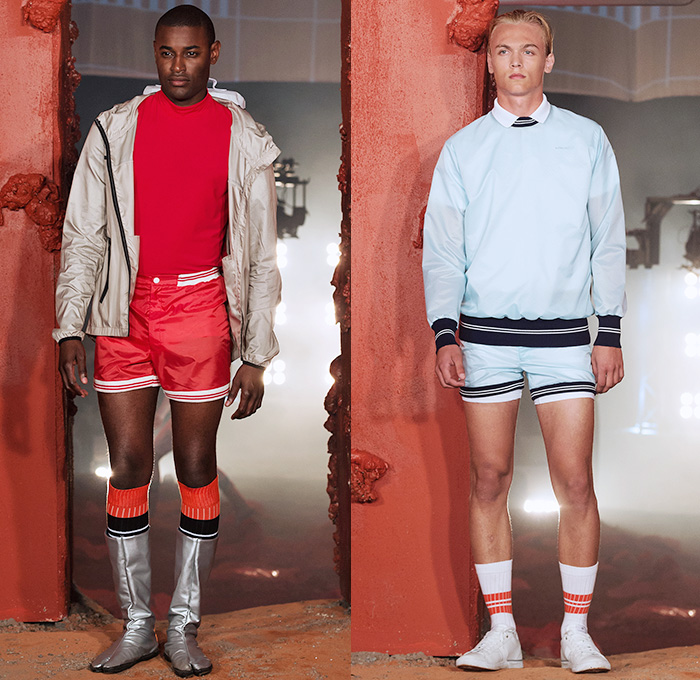 Björn Borg 2016 Spring Summer Mens Runway Catwalk Looks - Fashion Week Stockholm Sweden - Training For Mars Space Travel Retro Outerwear Parka Anorak Jacket Windbreaker Nylon Hoodie Shorts Socks Metallic Boots Headwear Sportswear Gym Fitness Trousers Track Pants Sleeveless Harness Backpack Stripes Leggings Tights Shortall Combishorts Romper Onesie Headband Sweater Jumper Vest Patches Emblems Wide Leg Arm Warmers