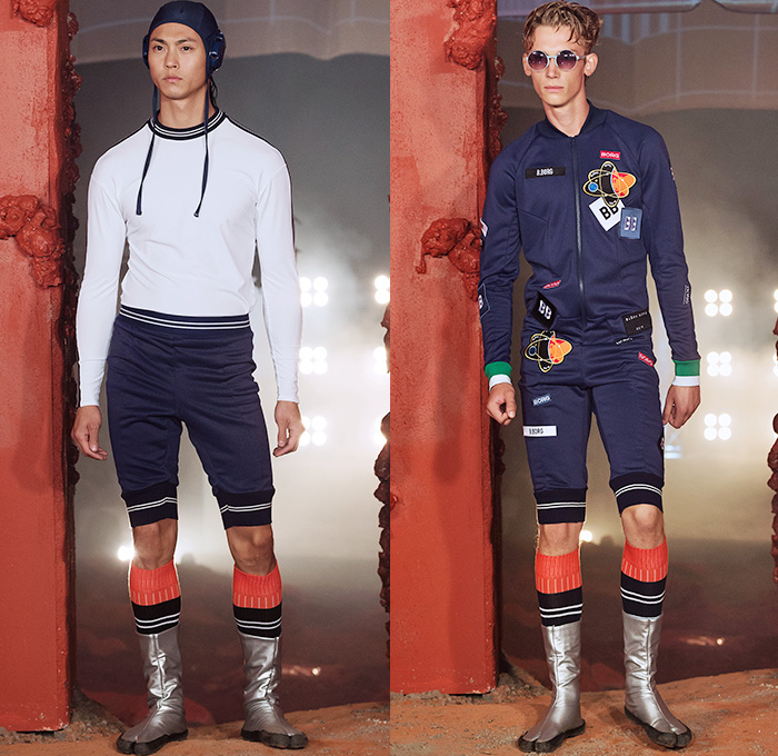 Björn Borg 2016 Spring Summer Mens Runway Catwalk Looks - Fashion Week Stockholm Sweden - Training For Mars Space Travel Retro Outerwear Parka Anorak Jacket Windbreaker Nylon Hoodie Shorts Socks Metallic Boots Headwear Sportswear Gym Fitness Trousers Track Pants Sleeveless Harness Backpack Stripes Leggings Tights Shortall Combishorts Romper Onesie Headband Sweater Jumper Vest Patches Emblems Wide Leg Arm Warmers