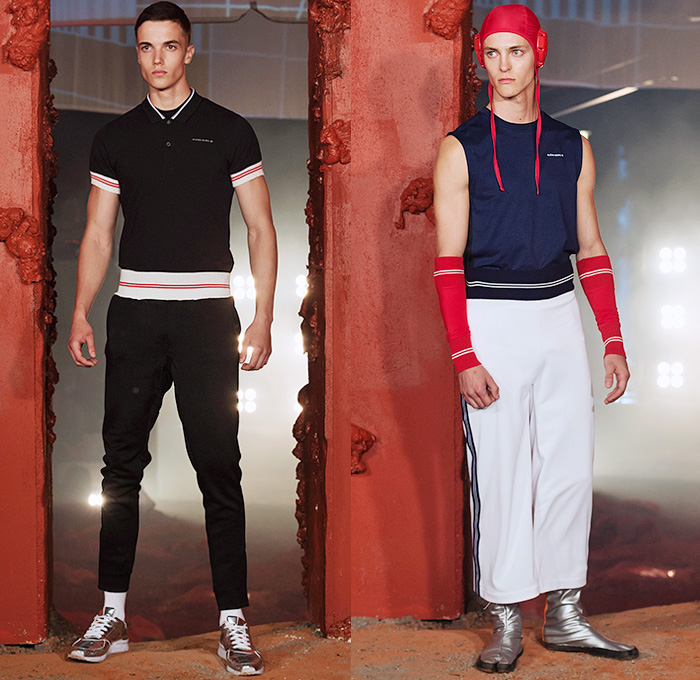 Björn Borg 2016 Spring Summer Mens Runway Catwalk Looks - Fashion Week Stockholm Sweden - Training For Mars Space Travel Retro Outerwear Parka Anorak Jacket Windbreaker Nylon Hoodie Shorts Socks Metallic Boots Headwear Sportswear Gym Fitness Trousers Track Pants Sleeveless Harness Backpack Stripes Leggings Tights Shortall Combishorts Romper Onesie Headband Sweater Jumper Vest Patches Emblems Wide Leg Arm Warmers