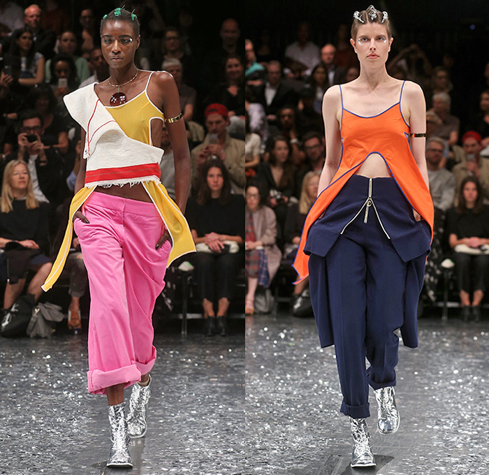 Bobby Kolade 2016 Spring Summer Womens Runway Catwalk Looks - Mercedes-Benz Fashion Week Berlin Germany Deutschland - Glitter Snap Buttons African Boubou Metallic Sporty Noodle Spaghetti Strap Asymmetrical One Shoulder Streetwear Crop Top Midriff Jogger Trackpants Lace Up Cinch Wide Leg Pants Trousers Frayed Raw Hem Mesh Shorts Knit Sweater Blouse Miniskirt Half Panel Boots Dress Onesie Jumpsuit Pantsuit