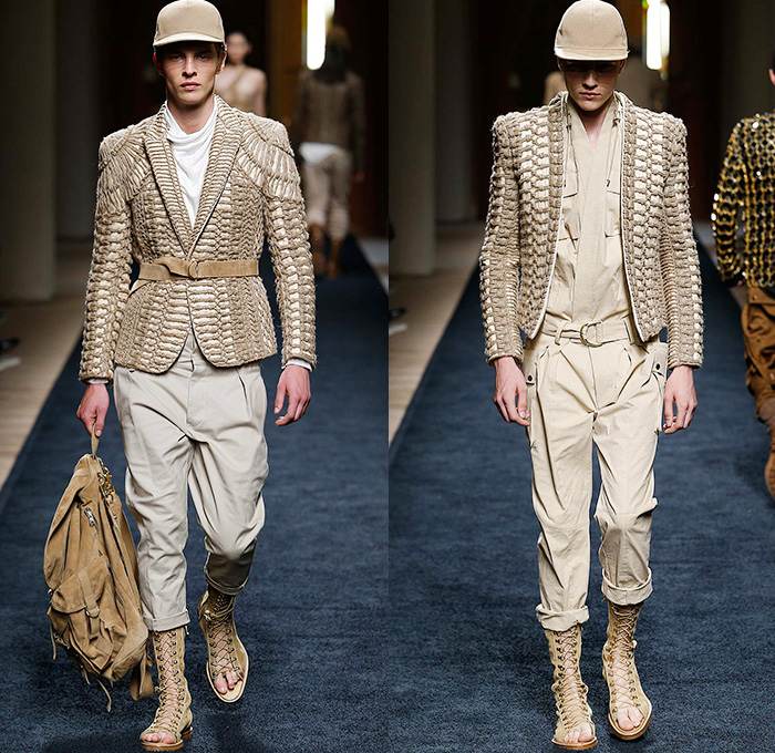 Balmain 2016 Spring Summer Mens Runway Catwalk Looks - Mode à Paris Fashion Week Mode Masculine France Designer Olivier Rousteing - Safari Desert Lace Up Suede Crest Lion Head Union Jack Flag Tiger Crochet Basket Weave Chunky Knit Trench Coat Blazer Jacket Pants Trousers Cargo Pockets Mesh Adornments Motorcycle Biker Shorts Drawstring Suitromper Zipper Waist Pouch Animal Tiger Bag Backpack Gladiator Sandals Kimono