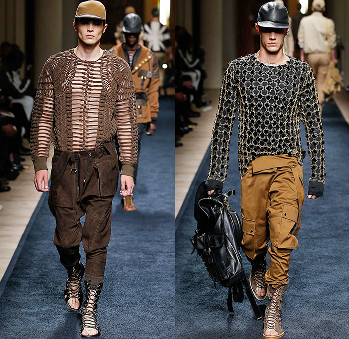 Balmain 2016 Spring Summer Mens Runway Catwalk Looks - Mode à Paris Fashion Week Mode Masculine France Designer Olivier Rousteing - Safari Desert Lace Up Suede Crest Lion Head Union Jack Flag Tiger Crochet Basket Weave Chunky Knit Trench Coat Blazer Jacket Pants Trousers Cargo Pockets Mesh Adornments Motorcycle Biker Shorts Drawstring Suitromper Zipper Waist Pouch Animal Tiger Bag Backpack Gladiator Sandals Kimono