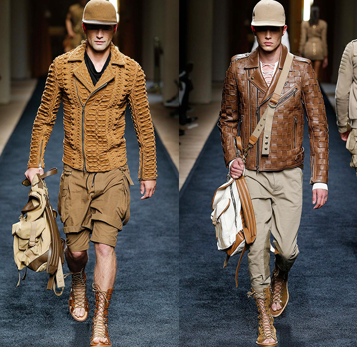 Balmain 2016 Spring Summer Mens Runway Catwalk Looks - Mode à Paris Fashion Week Mode Masculine France Designer Olivier Rousteing - Safari Desert Lace Up Suede Crest Lion Head Union Jack Flag Tiger Crochet Basket Weave Chunky Knit Trench Coat Blazer Jacket Pants Trousers Cargo Pockets Mesh Adornments Motorcycle Biker Shorts Drawstring Suitromper Zipper Waist Pouch Animal Tiger Bag Backpack Gladiator Sandals Kimono