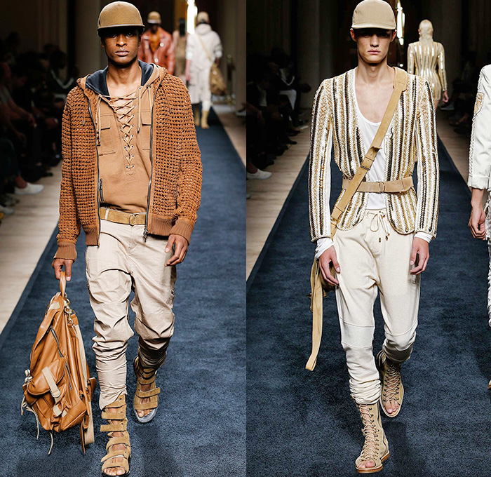 Balmain 2016 Spring Summer Mens Runway Catwalk Looks - Mode à Paris Fashion Week Mode Masculine France Designer Olivier Rousteing - Safari Desert Lace Up Suede Crest Lion Head Union Jack Flag Tiger Crochet Basket Weave Chunky Knit Trench Coat Blazer Jacket Pants Trousers Cargo Pockets Mesh Adornments Motorcycle Biker Shorts Drawstring Suitromper Zipper Waist Pouch Animal Tiger Bag Backpack Gladiator Sandals Kimono