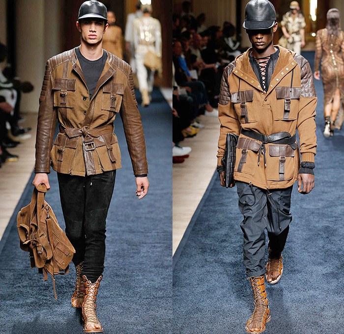 Balmain 2016 Spring Summer Mens Runway Catwalk Looks - Mode à Paris Fashion Week Mode Masculine France Designer Olivier Rousteing - Safari Desert Lace Up Suede Crest Lion Head Union Jack Flag Tiger Crochet Basket Weave Chunky Knit Trench Coat Blazer Jacket Pants Trousers Cargo Pockets Mesh Adornments Motorcycle Biker Shorts Drawstring Suitromper Zipper Waist Pouch Animal Tiger Bag Backpack Gladiator Sandals Kimono