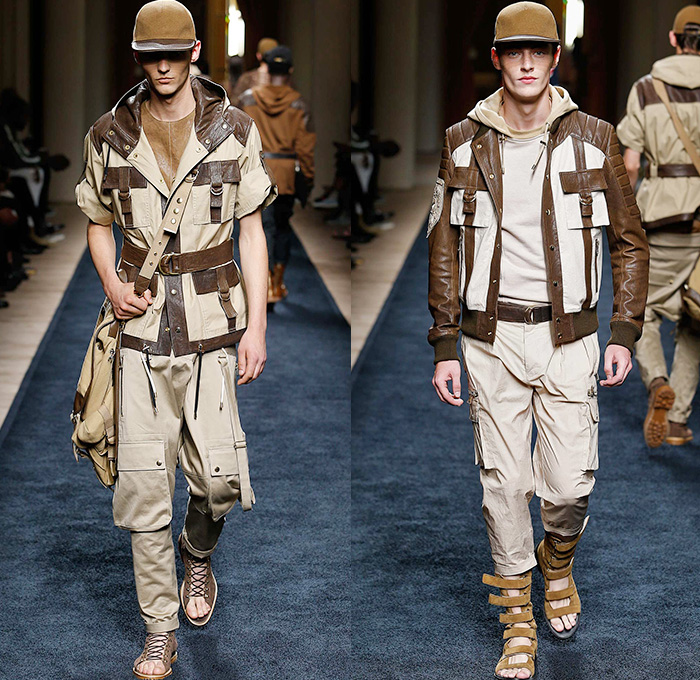 Balmain 2016 Spring Summer Mens Runway Catwalk Looks - Mode à Paris Fashion Week Mode Masculine France Designer Olivier Rousteing - Safari Desert Lace Up Suede Crest Lion Head Union Jack Flag Tiger Crochet Basket Weave Chunky Knit Trench Coat Blazer Jacket Pants Trousers Cargo Pockets Mesh Adornments Motorcycle Biker Shorts Drawstring Suitromper Zipper Waist Pouch Animal Tiger Bag Backpack Gladiator Sandals Kimono