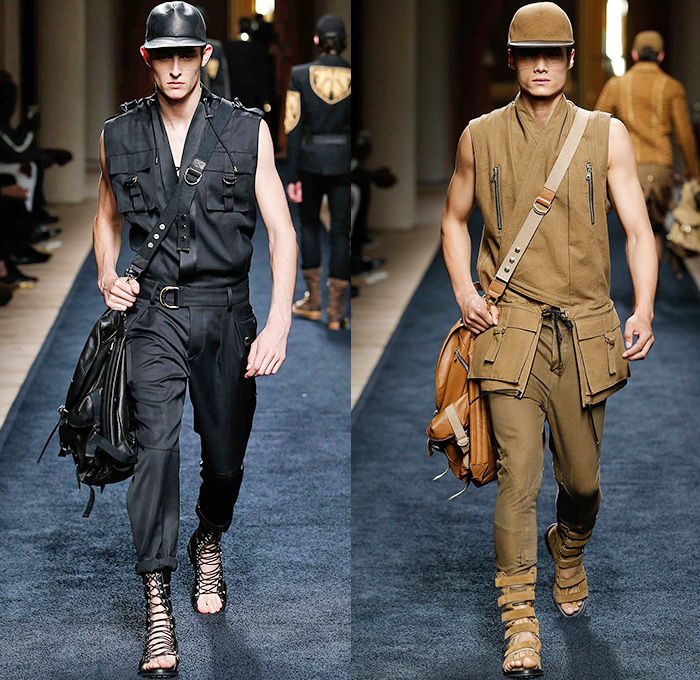 Balmain 2016 Spring Summer Mens Runway Catwalk Looks - Mode à Paris Fashion Week Mode Masculine France Designer Olivier Rousteing - Safari Desert Lace Up Suede Crest Lion Head Union Jack Flag Tiger Crochet Basket Weave Chunky Knit Trench Coat Blazer Jacket Pants Trousers Cargo Pockets Mesh Adornments Motorcycle Biker Shorts Drawstring Suitromper Zipper Waist Pouch Animal Tiger Bag Backpack Gladiator Sandals Kimono