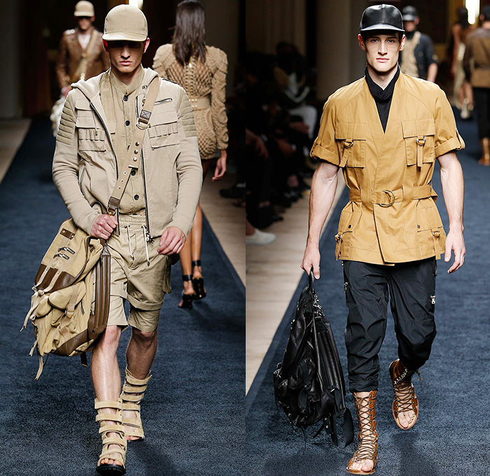 Balmain 2016 Spring Summer Mens Runway Catwalk Looks - Mode à Paris Fashion Week Mode Masculine France Designer Olivier Rousteing - Safari Desert Lace Up Suede Crest Lion Head Union Jack Flag Tiger Crochet Basket Weave Chunky Knit Trench Coat Blazer Jacket Pants Trousers Cargo Pockets Mesh Adornments Motorcycle Biker Shorts Drawstring Suitromper Zipper Waist Pouch Animal Tiger Bag Backpack Gladiator Sandals Kimono