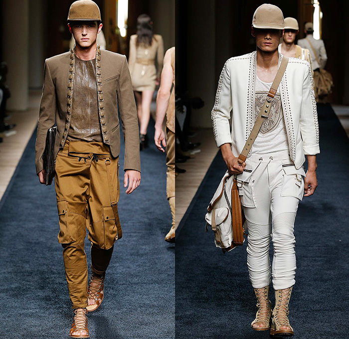 Balmain 2016 Spring Summer Mens Runway Catwalk Looks - Mode à Paris Fashion Week Mode Masculine France Designer Olivier Rousteing - Safari Desert Lace Up Suede Crest Lion Head Union Jack Flag Tiger Crochet Basket Weave Chunky Knit Trench Coat Blazer Jacket Pants Trousers Cargo Pockets Mesh Adornments Motorcycle Biker Shorts Drawstring Suitromper Zipper Waist Pouch Animal Tiger Bag Backpack Gladiator Sandals Kimono